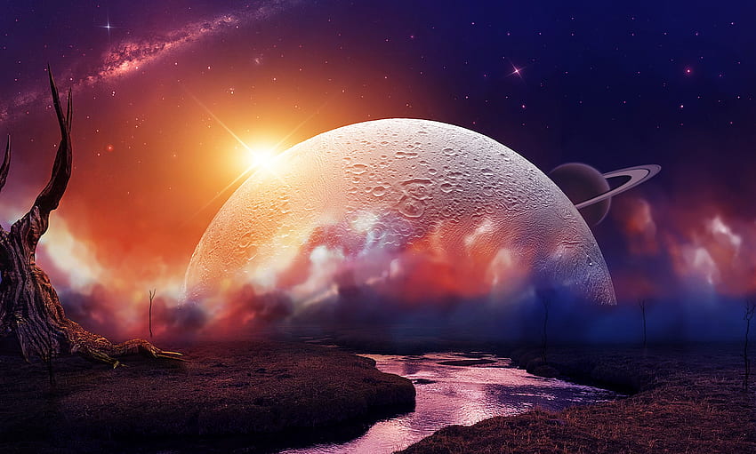 Alien world, river, planets, galaxy, universe, landscape, stars, digital, space, clouds, sky, cosmos, sun, moons, sunset HD wallpaper