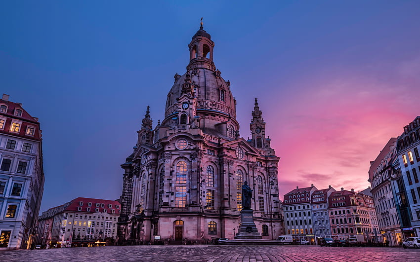 Dresden, Frauenkirche, malam, Neumarkt, matahari terbenam, Monumen Martin Luther, landmark Dresden, pemandangan kota Dresden, Jerman Wallpaper HD