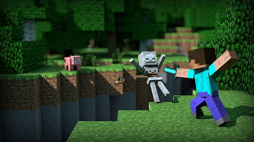 Steve golpea a un esqueleto con una espada de diamantes mientras un cerdo mira, Minecraft Diamond Sword fondo de pantalla
