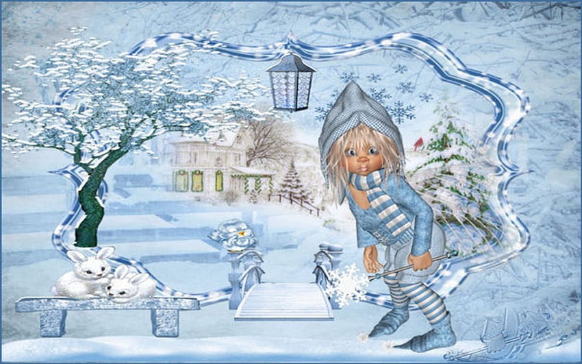 冬休み、青、休日、ファンタジー、クリスマス、雪、家、カード、女の子 高画質の壁紙
