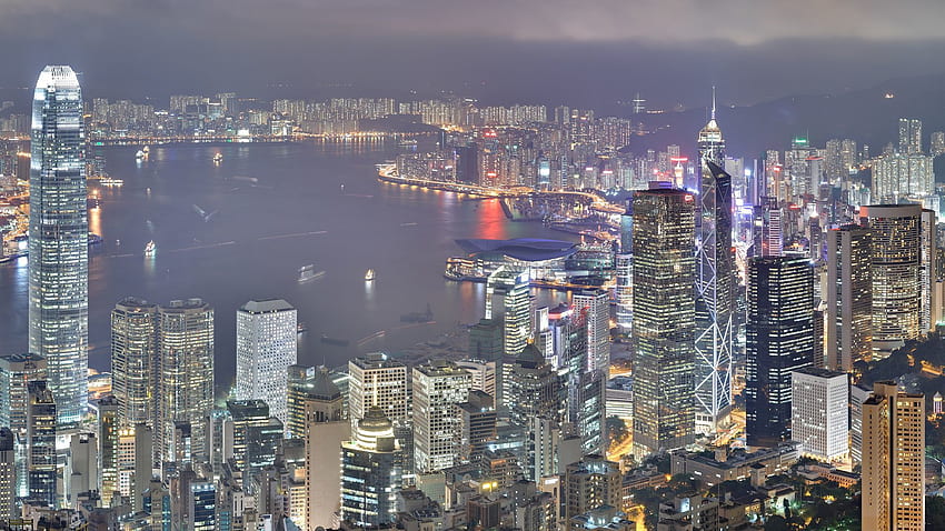 เมือง กลางคืน อาคาร ส่องแสง แสง ตึกระฟ้า ฮ่องกง Hong Kong S.a.r วอลล์เปเปอร์ HD