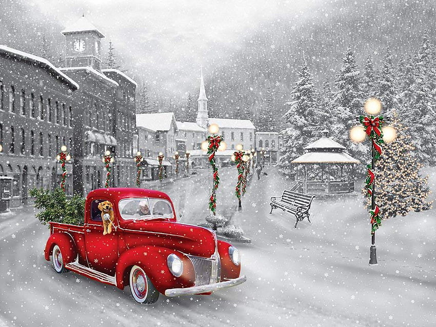 Christmas Drive, Auto, Häuser, Baum, Kunstwerk, Malerei, Schnee, Straße, Vintage, Dorf HD-Hintergrundbild