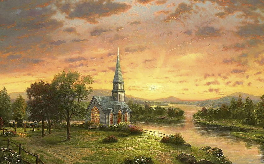église au bord de la rivière, rivière, herbe, église, coucher de soleil, arbre Fond d'écran HD