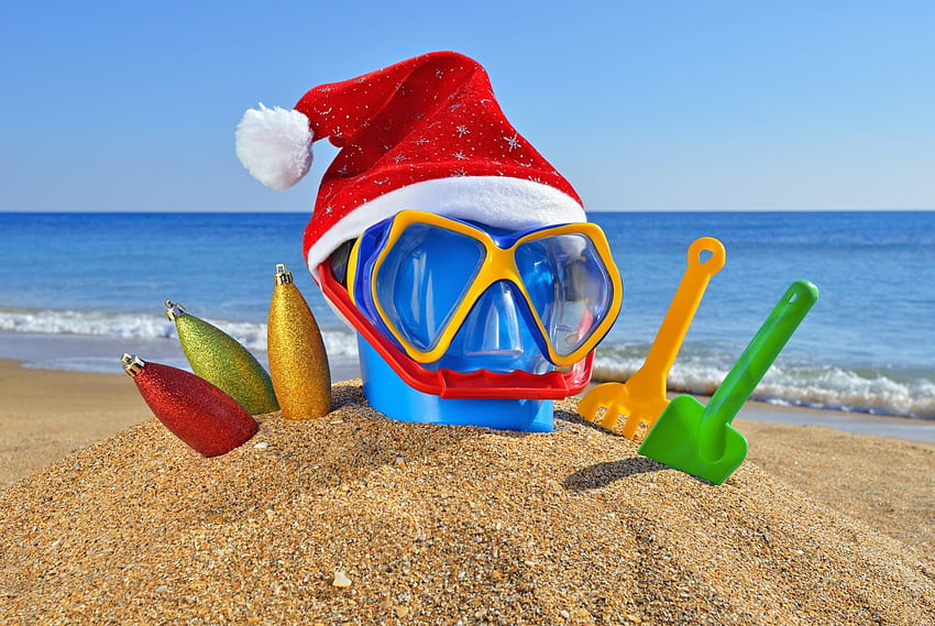 모래 갈퀴 크리스마스 모자 새해 해변 크리스마스 유리 바다 바다 여름 장난감 모자 바다 선글라스 HD 월페이퍼