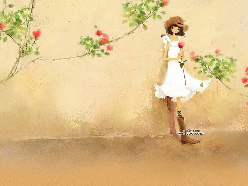 Aroma mawar, taman, mawar, wanita berbaju putih Wallpaper HD