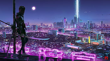 Wallpaper ID 121296  DominiqueVanVelsen cyberpunk city night rain  neon glow cityscape purple bridge free download