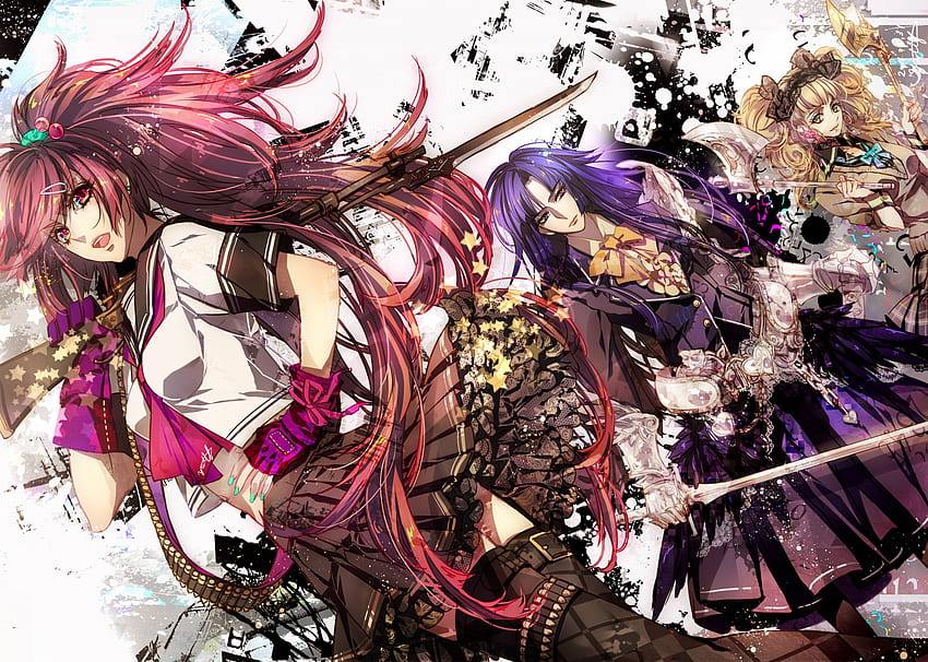 アニメ, 紫色の髪, 武器, 女の子, ピンクの目, ピンクの髪, 長い髪, ドレス, 黄色い髪 高画質の壁紙