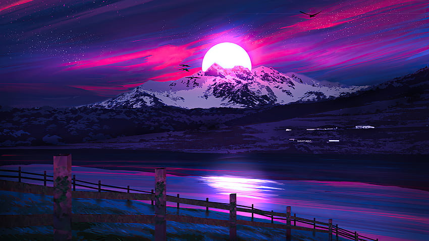 lake, woonden fence, mountains, landscape, sunset, neon art, , u 16:9, , , background, 25502, Neon Purple Mountain HD wallpaper