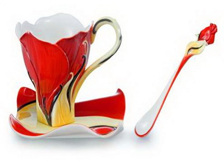 Teetasse für Exotica, Rose, Teetasse, Blume, rot, Untertasse, Löffel HD-Hintergrundbild