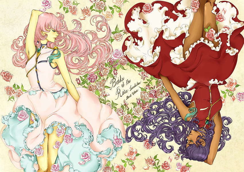 rewolucyjna dziewczyna utena, łóżko, kwiaty, 2 dziewczyny, niebieskie włosy, różowe włosy, długie włosy, sukienka Tapeta HD