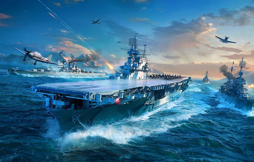 L'oceano, il mare, il gioco, l'aereo, la nave, le navi, il vettore, il carro armato, l'aereo, il gioco di guerra, il mondo delle navi da guerra, la nave da guerra per , sezione игры Sfondo HD