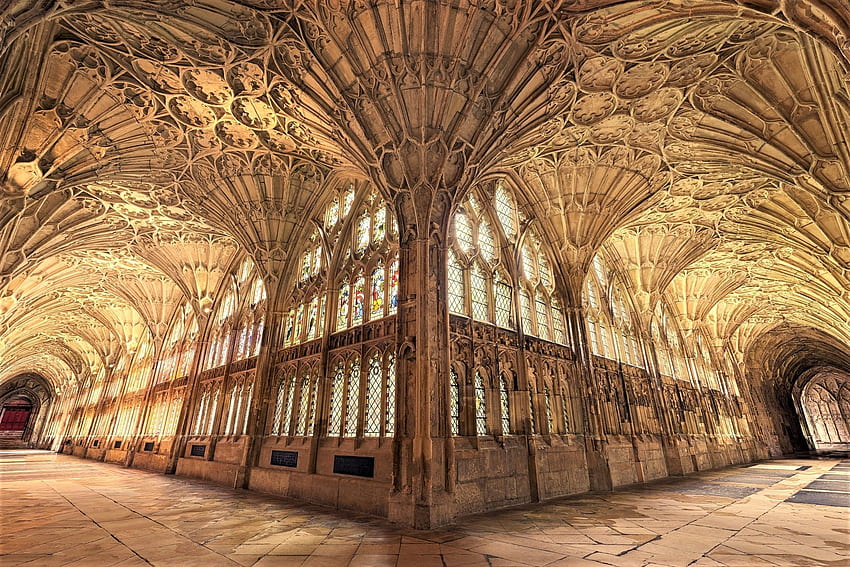 Gotische Architektur der Kathedrale von Gloucester in Gloucester, gotische Kunst HD-Hintergrundbild