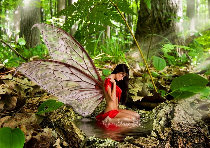 Фантастична горска фея, фея, фантазия, зелено, червено, дървета, гора HD тапет