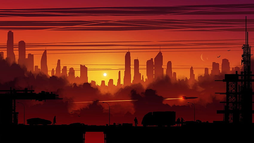 silhouette of city under golden hour digital art HD wallpaper