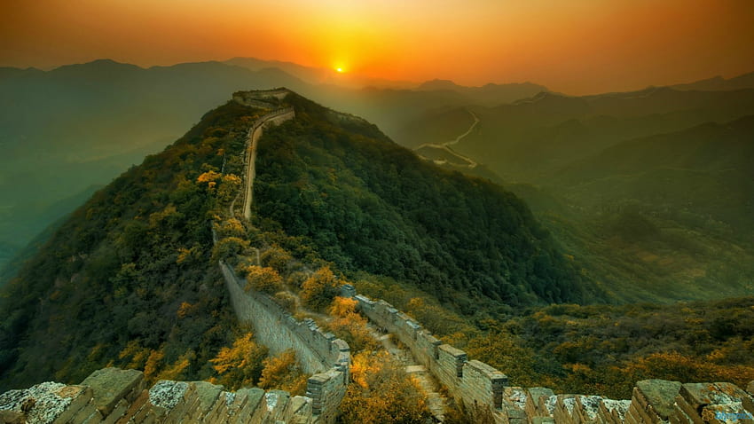 Gran Muralla China Atardecer, Paredes, Naturaleza, Montañas, Puestas de sol, Cielo fondo de pantalla