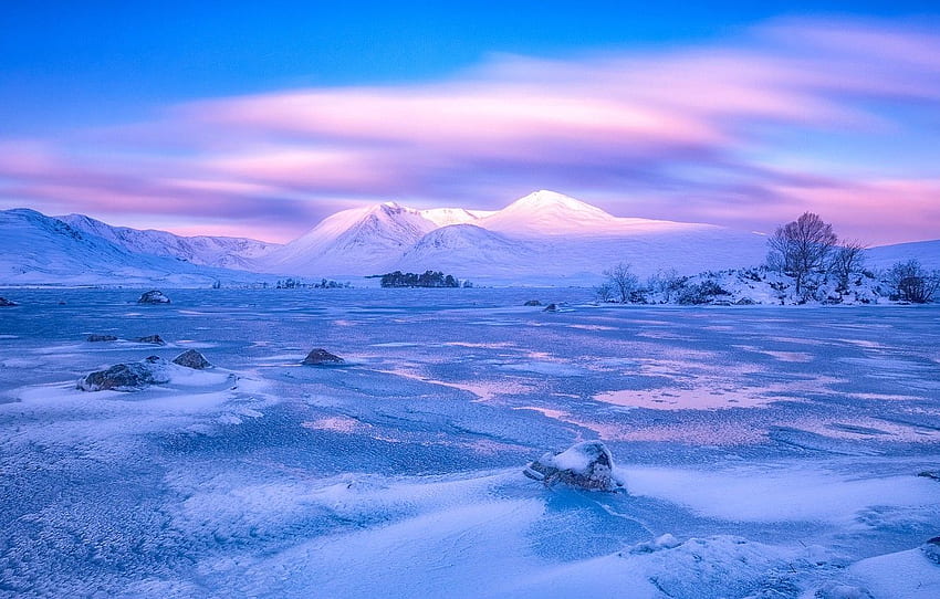 Winter, clouds, snow, trees, mountains, stones, ice, plain, Scotland ...