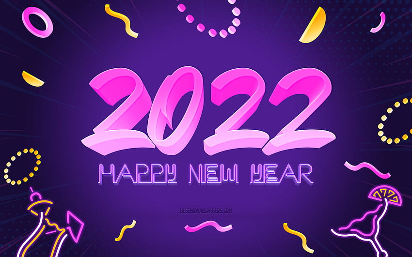明けましておめでとうございます 2022, 紫の 2022 背景, 2022 3d アート, 2022 パーティーの背景, 2022 新年, 2022 概念, 2022 年 高画質の壁紙