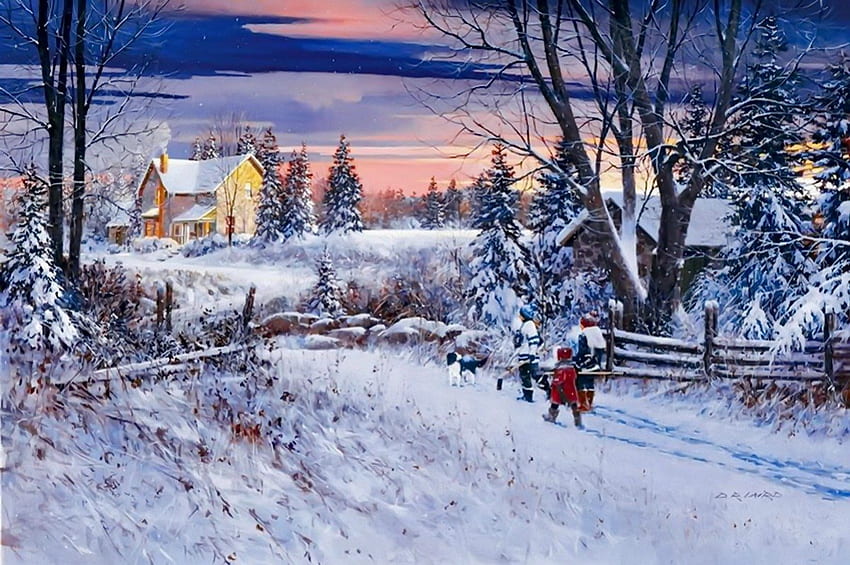 冬の散歩、冬、平和、夕暮れ、散歩、静けさ、素敵、雪片、絵画、コテージ、雪、雪が降る、フェンス、木々、新年、日没、パス、家、前夜、美しい、キャビン、家族、クリスマス、ノエル、 自然、空、美しい、静けさ、村 高画質の壁紙
