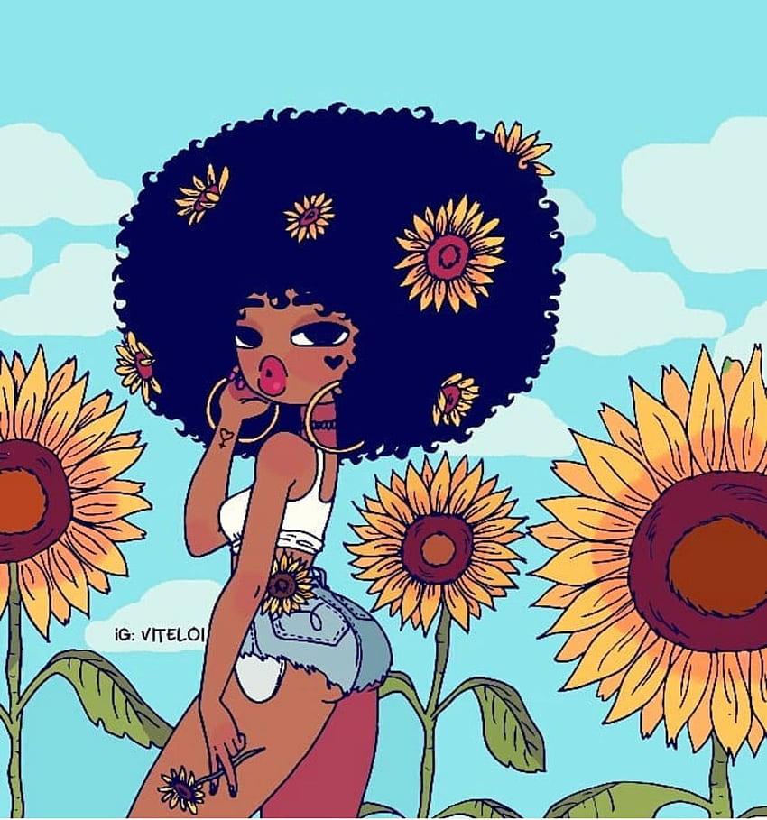 Schwarzes Mädchen der Sonnenblume, schwarzes Afromädchen HD-Handy-Hintergrundbild