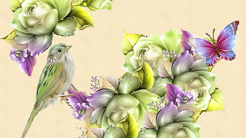 Natue dalam Warna Hijau dan Lavender, daun, mawar, burung, kupu-kupu, kilau, alam, bunga, tema Firefox Persona Wallpaper HD