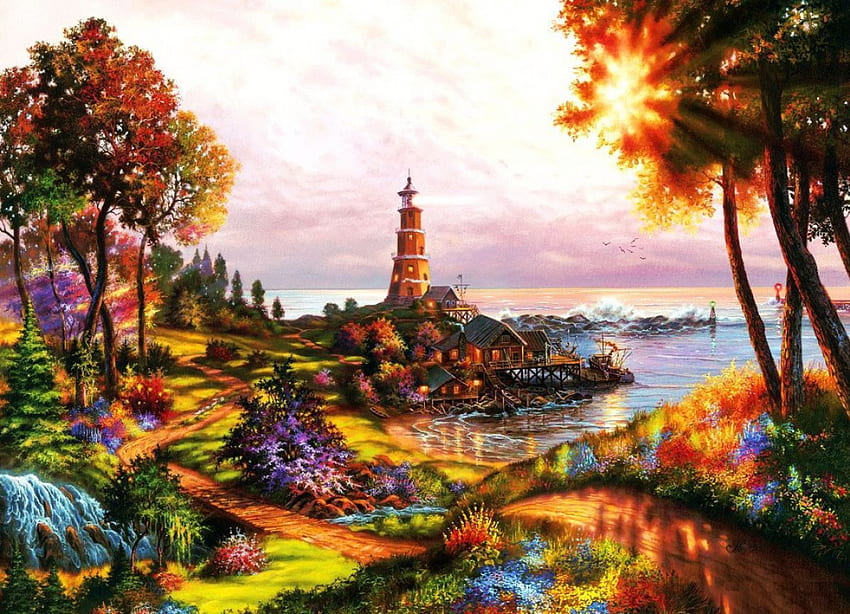 Zachód latarni morskiej, morze, dzieło sztuki, wybrzeże, drzewa, kwiaty, woda, słońce Tapeta HD