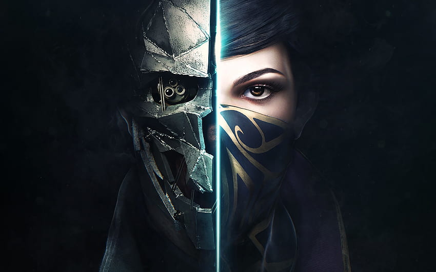 Dishonored, blue, black, skull, girl, woman, fantasy, face, game HD wallpaper