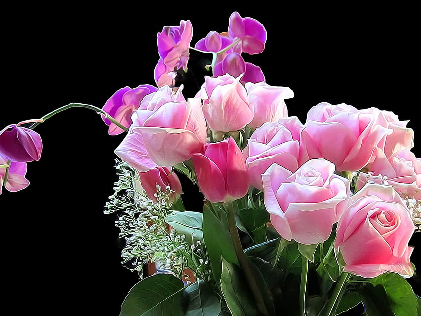 Beau bouquet, fond, iris, bouquet, roses, nature, fleurs Fond d'écran HD