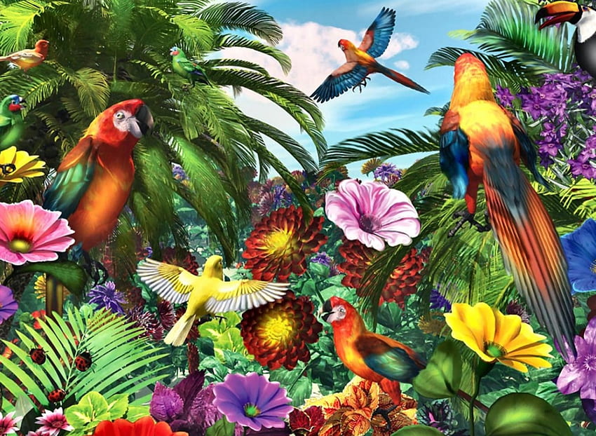 Oiseaux de la jungle, coloré, oiseaux, faune, arbres, verdure, fleurs, jungle Fond d'écran HD