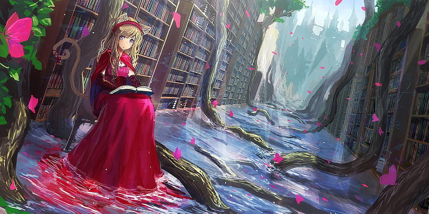 Chica anime, Libro de lectura, Biblioteca, Paisaje, Orejas de animales, Vestido rojo - Resolución:, Chica anime leyendo fondo de pantalla