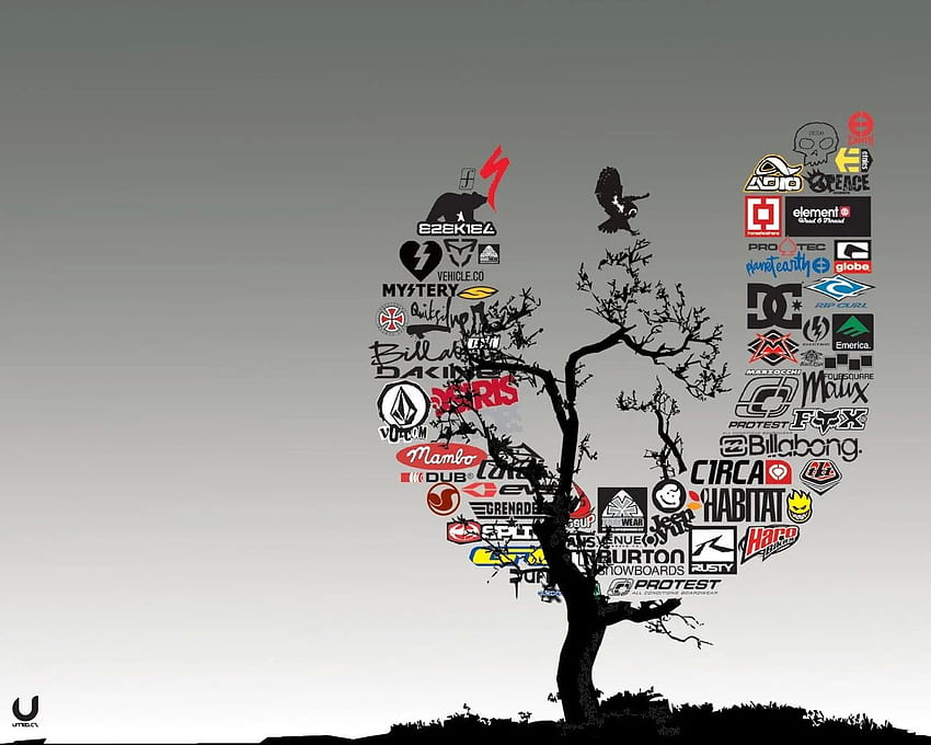 Разнона илюстрация на лого на марката, дървета, марки, скейтборд, сърф, елемент скейтбордове HD тапет