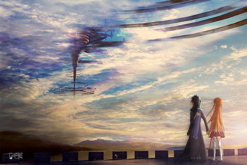Holding hands, girl, sky, anime, boy HD wallpaper