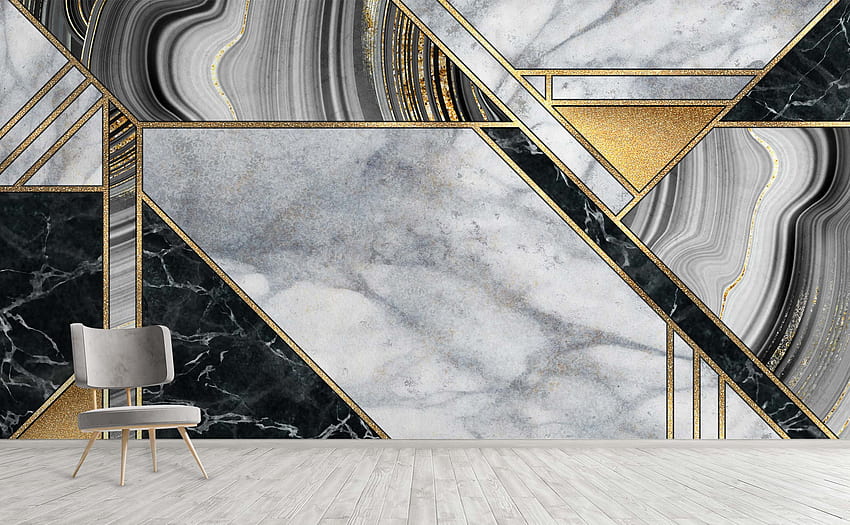 Geometrische Gold-Weiß-Schwarz-Marmor-Textur Art-Deco-Wand, Schwarz-weißer und goldener Marmor HD-Hintergrundbild