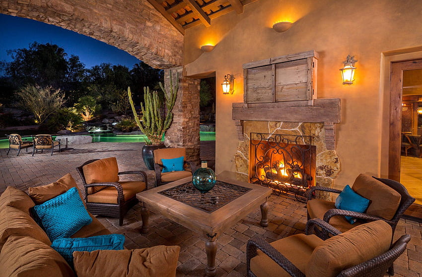 porch, Patio, Evening, Fireplace, Chair, Interior, Design HD wallpaper