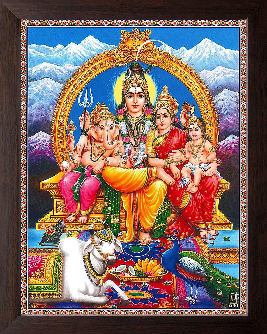 Art n Store Lord Shiva Family, Печатна религиозна и стенна декорация с плоска кафява рамка (30 X 23,5 X 1,5 cm_ кафяво дърво): : Дом и кухня HD тапет за телефон