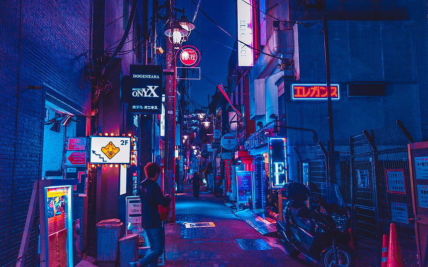 alley, neon light, neon, street, love hotel, blue, japanese love hotel, person, alleyway, red, dogenzaka, japan, night, neon sign, color, street view, shop signs, shibuya, nightlife, PNG , night HD wallpaper