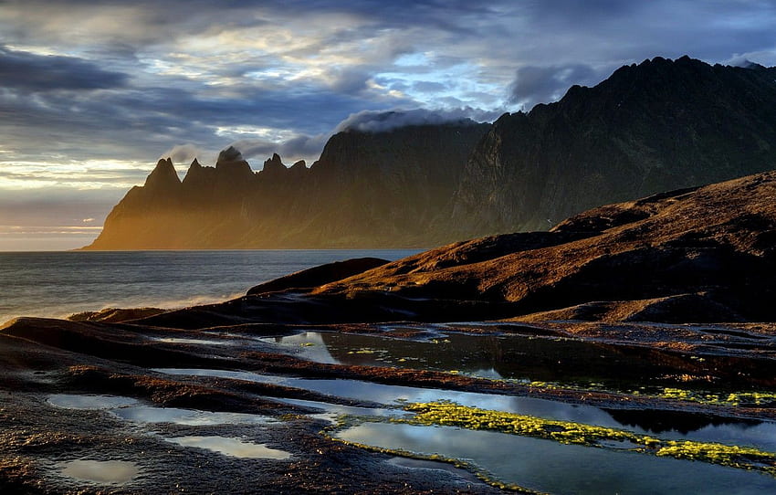 sea, mountains, shore, Norway, Senja for HD wallpaper