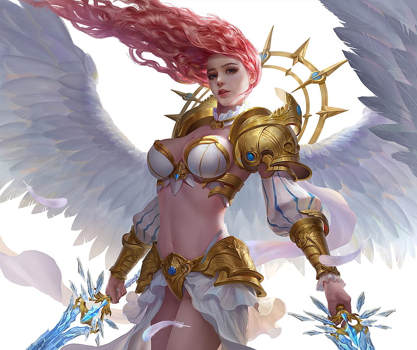 Angel, wings, wudidapaopaotang, white, fantasy, redhead, girl HD wallpaper