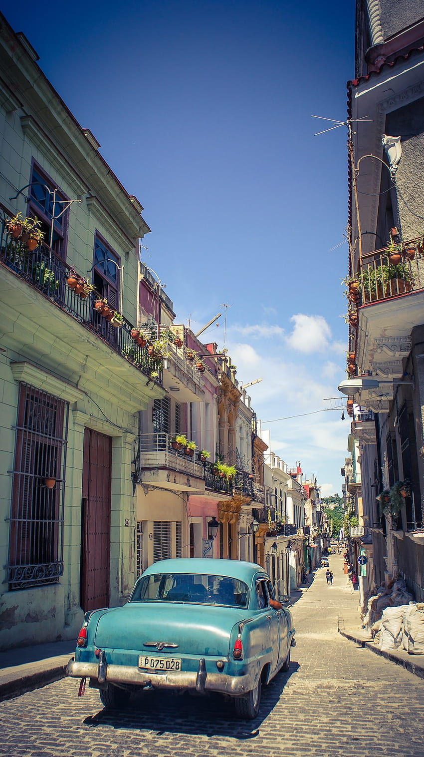 blue classic car on alley – Cuba, Little Havana HD phone wallpaper