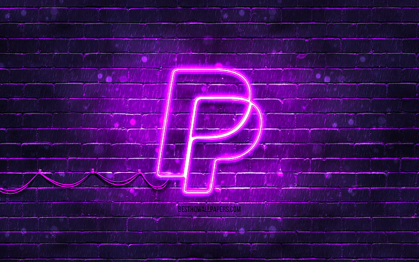 Fioletowe logo PayPal, , fioletowa ściana z cegły, logo PayPal, systemy płatności, neonowe logo PayPal, PayPal Tapeta HD