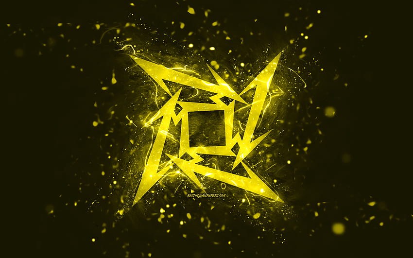 Logo metallico giallo, luci al neon gialle, creativo, astratto giallo, logo Metallica, stelle della musica, Metallica Sfondo HD
