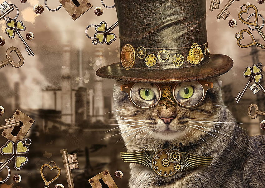Steampunk Cat, kitten, funny, painting, hat HD wallpaper