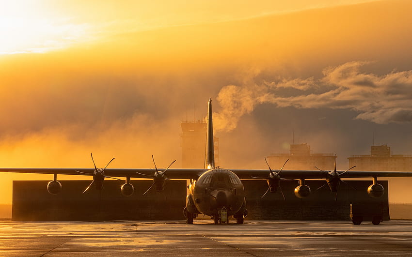 Lockheed MC-130, avion militaire américain, aérodrome militaire, soir, coucher de soleil, MC-130J Commando II, United States Air Force, États-Unis Fond d'écran HD