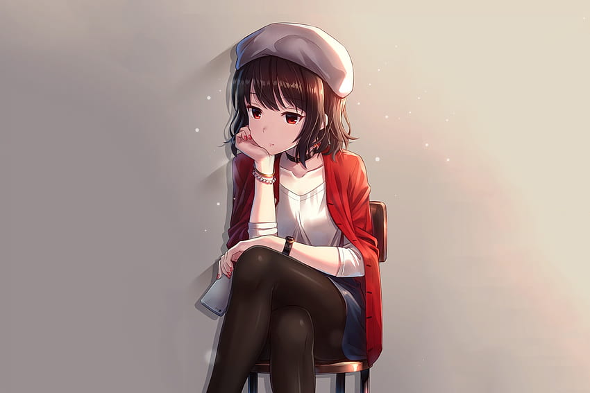 Red eyes, cute, anime girl, sit, original HD wallpaper