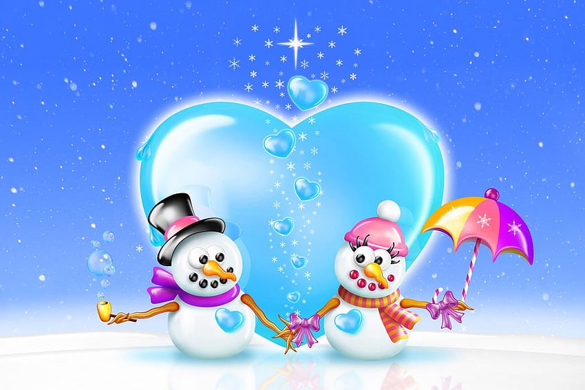 Bonecos de neve apaixonados, doce, inverno, boneco de neve, cores, bonito, amor, neve, lenços, natal, coração, arte digital, chapéus papel de parede HD