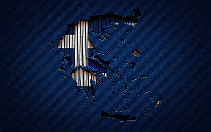 Peta Yunani,, negara-negara Eropa, bendera Yunani, latar belakang karbon biru, siluet peta Yunani, bendera Yunani, Eropa, peta Yunani, Yunani, bendera Yunani Wallpaper HD