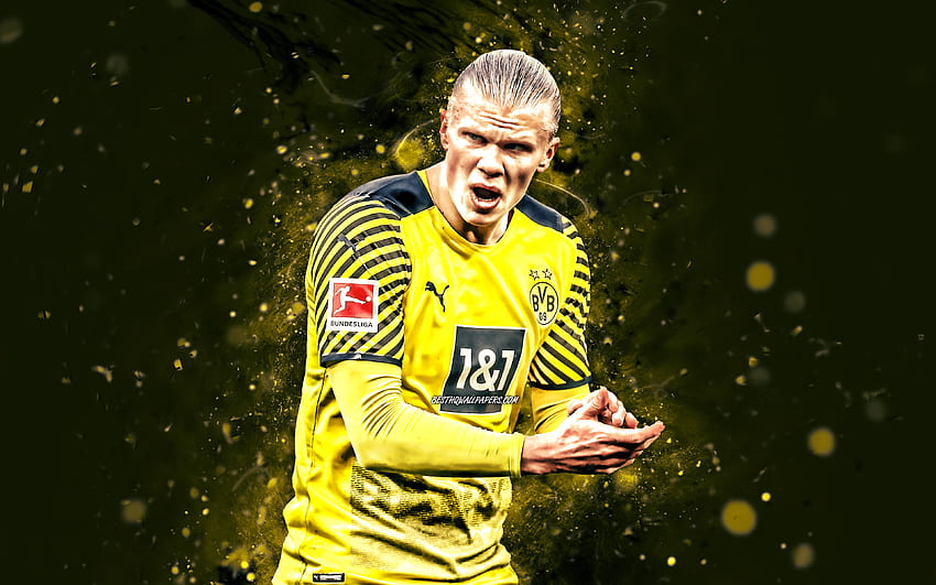 Erling Braut Haaland, ไฟนีออนสีเหลือง, Borussia Dortmund FC, นักฟุตบอลชาวนอร์เวย์, BVB, ฟุตบอล, Erling Haaland, บุนเดสลีกา, ฟุตบอล, Erling Haaland BVB, Erling Haaland วอลล์เปเปอร์ HD