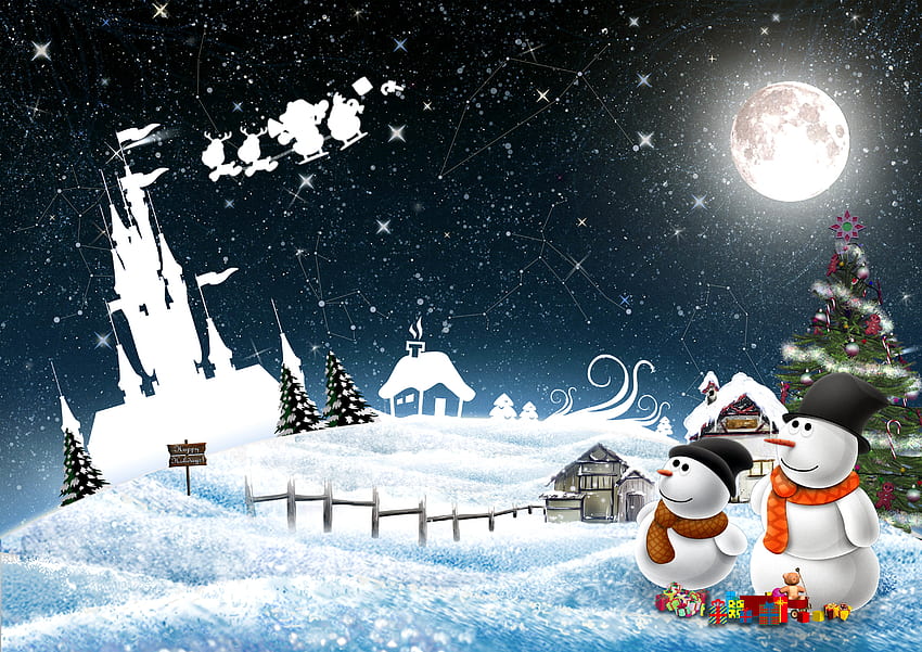 วันหยุด ปีใหม่ กลางคืน มนุษย์หิมะ คริสต์มาส วันหยุด โปสการ์ด วอลล์เปเปอร์ HD
