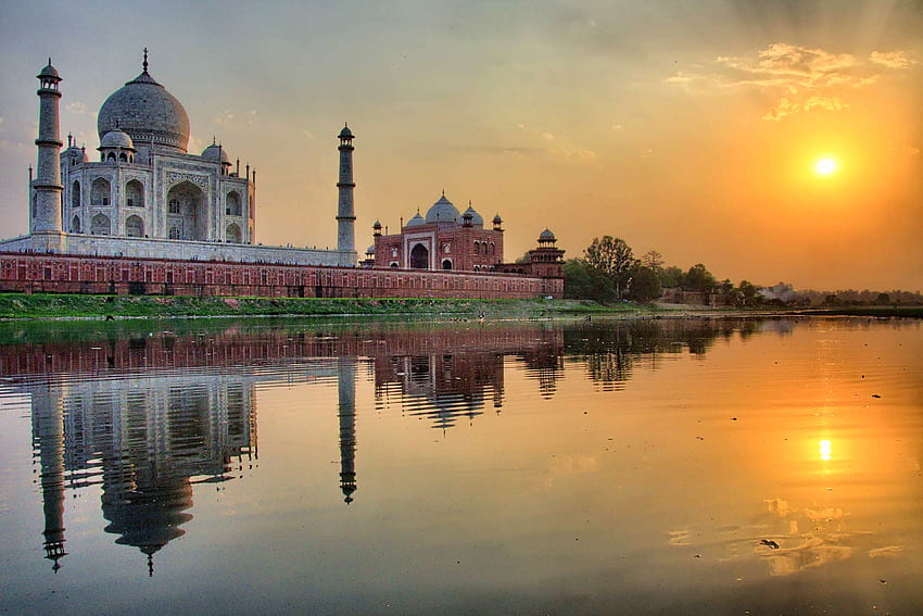 Puesta de sol en el Taj Mahal, India, reflejo, india, naturaleza, puesta de sol, taj mahal fondo de pantalla