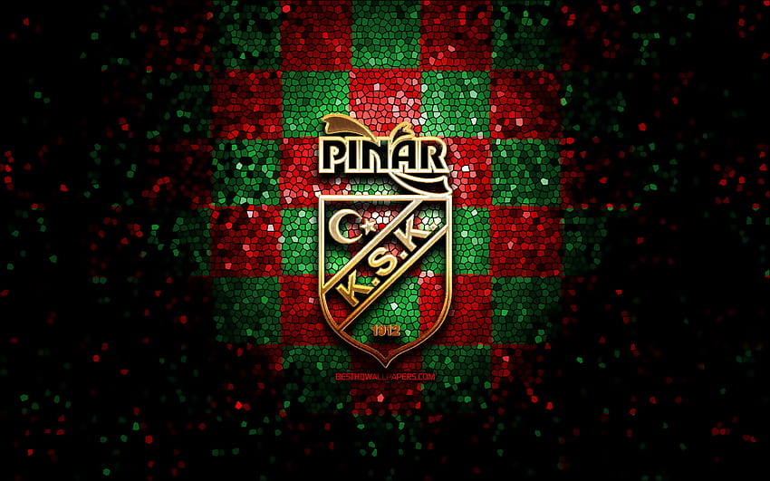 Pinar Karsiyaka, glitter logo, Basketbol Super Ligi, red green checkered background, basketball, turkish basketball team, Pinar Karsiyaka logo, mosaic art, Turkey, Karsiyaka Basket HD wallpaper