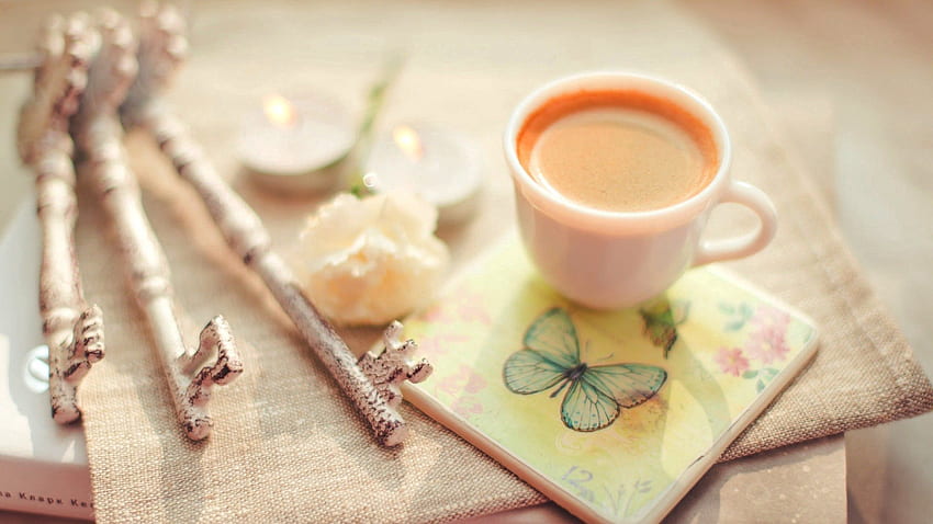 Food, Coffee, Cup, Butterfly, Tenderness, Keys HD wallpaper